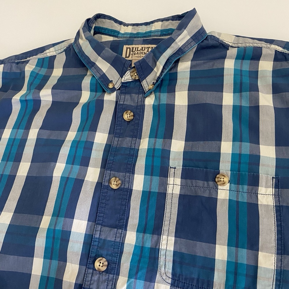 Duluth Trading Shirt Mens 2XL Blue White Plaid Button Down Short Sleeve Outdoor